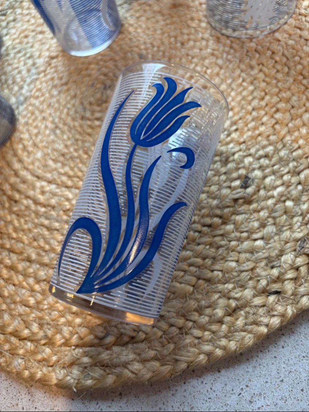 (6) Vintage MCM Blue and White Tulip Glasses - 8 oz.